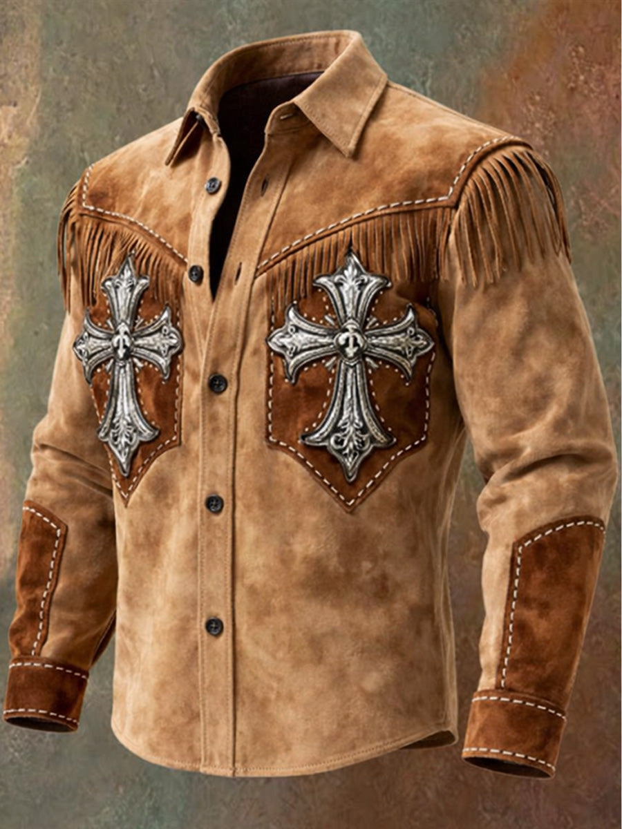 Men's Retro Western Style Art Print Vintage Tassel Casual Long Sleeve Shirt